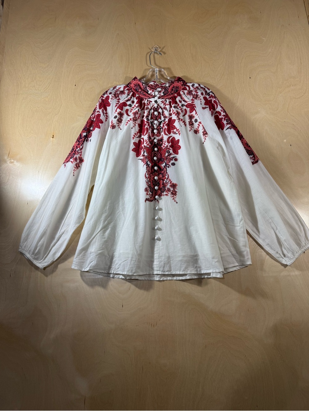 Soft Surroundings White Blouse with Red Floral Embroidery